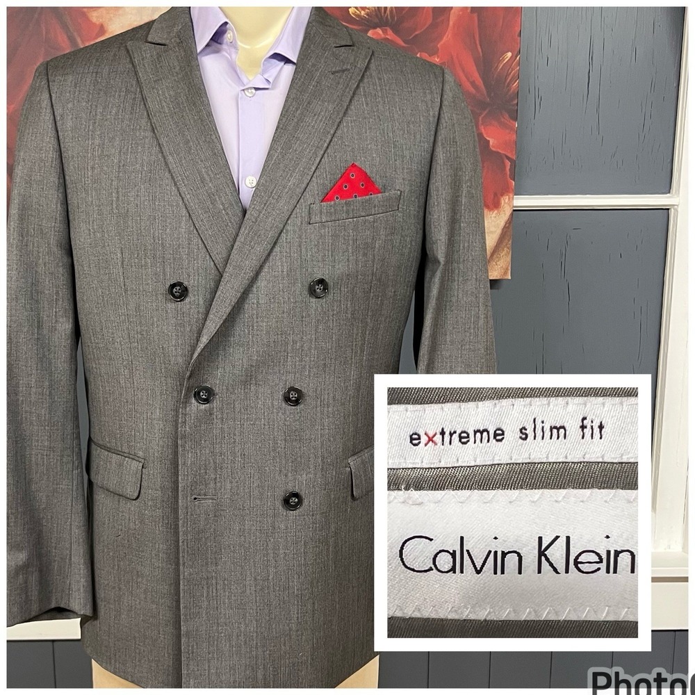 Calvin Klein Double Breasted Blazer Jacket Sport Coat Mens 44R Slim Fit Gray